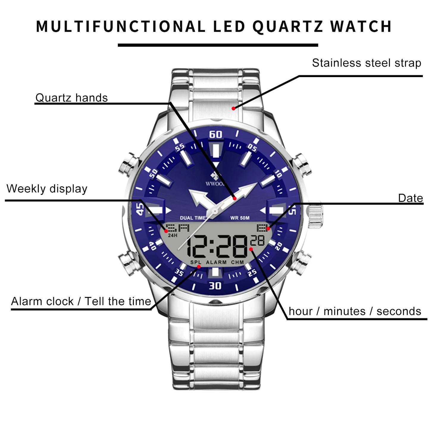 WWOOR Fashion Men's Watches Luxury Original Quartz Digital Analog Sport Military Wrist Watch For Man Waterproof Steel Clock Box