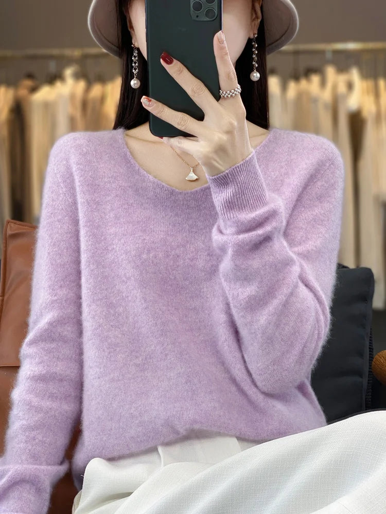 100% Merino Wool Women's Sweater V-Neck Long Sleeve Pullovers Autumn Winter Basic Jumper Cashmere Knitwear Warm Female Clothing