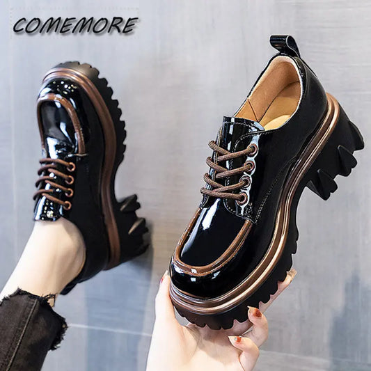 British Style Chunky Platform Pumps Casual Women's 2022 Autumn Lace Up Thick Heels Loafers Woman Round Toe Patent Leather Shoes