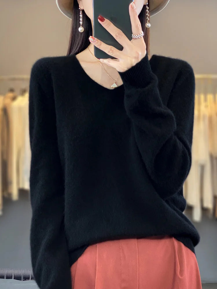 100% Merino Wool Women's Sweater V-Neck Long Sleeve Pullovers Autumn Winter Basic Jumper Cashmere Knitwear Warm Female Clothing