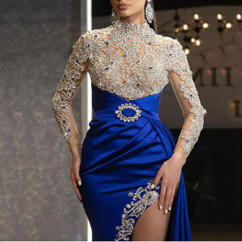 2023 Europe and the United States new women's dress blue sprinkle gold split splicing half high neck evening dress