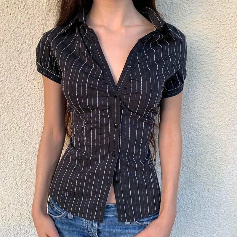 IAMHOTTY Chic Elegant Striped Blouse Women's Summer French Style Button-up Turn-down Collar Shirt Vintage Streetwear Y2K Tops