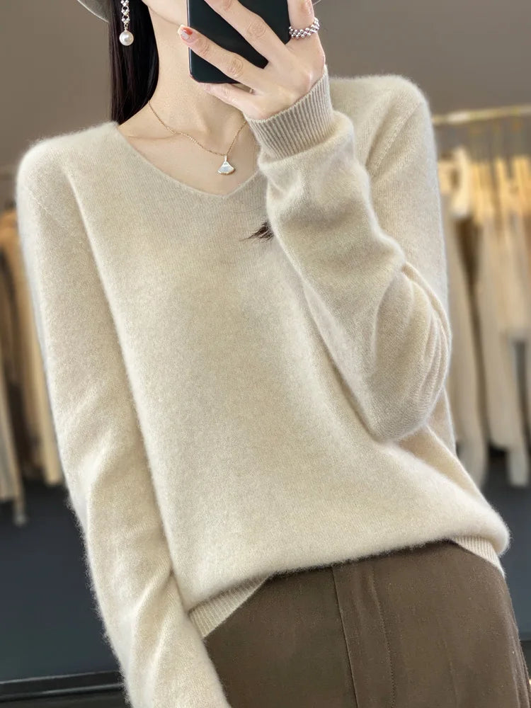 100% Merino Wool Women's Sweater V-Neck Long Sleeve Pullovers Autumn Winter Basic Jumper Cashmere Knitwear Warm Female Clothing