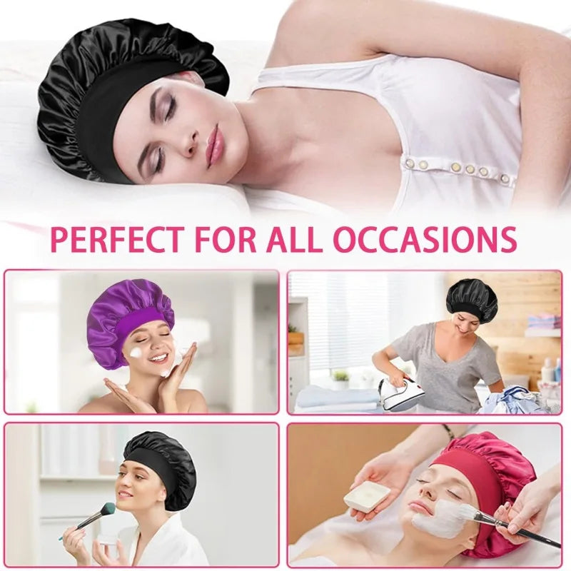 Women Sleeping Caps Bathroom Satin Solid Color Stretch Bonnets Shower Cap Hair Hat for Daily Use and Beauty