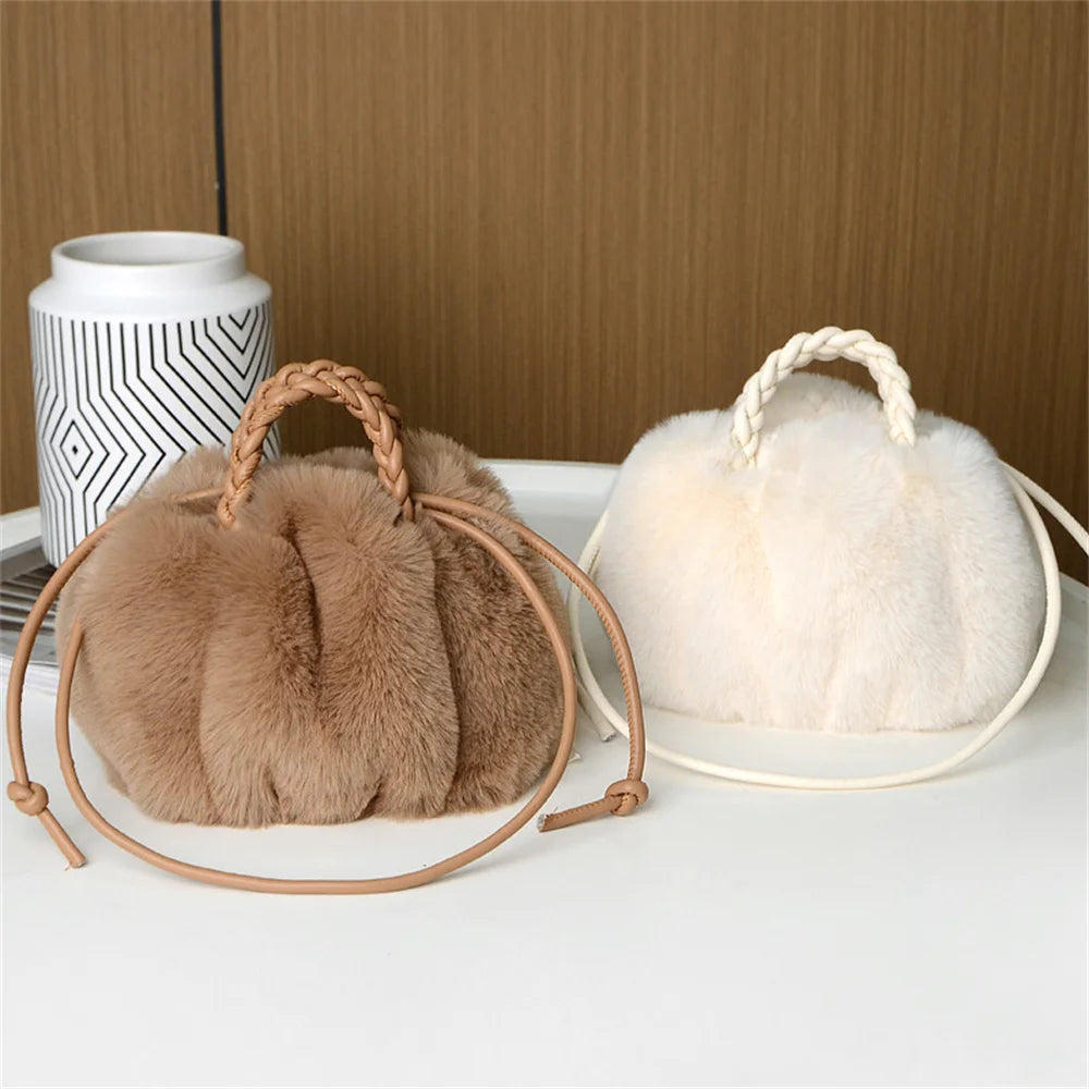 Women's Crossbody Pumpkin Plush Bag Cute Tote Bags Autumn Winter Fashion Solid Color Handbag Travel Shoulder Bags