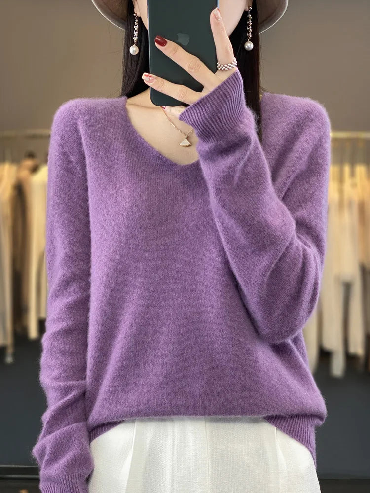 100% Merino Wool Women's Sweater V-Neck Long Sleeve Pullovers Autumn Winter Basic Jumper Cashmere Knitwear Warm Female Clothing