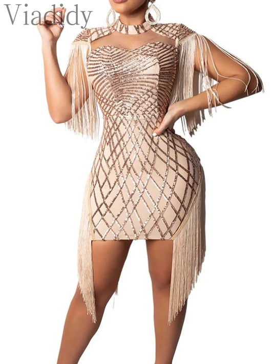 Women Fashion Elegant Sequins Tassels Mini Bodycon Party Dress