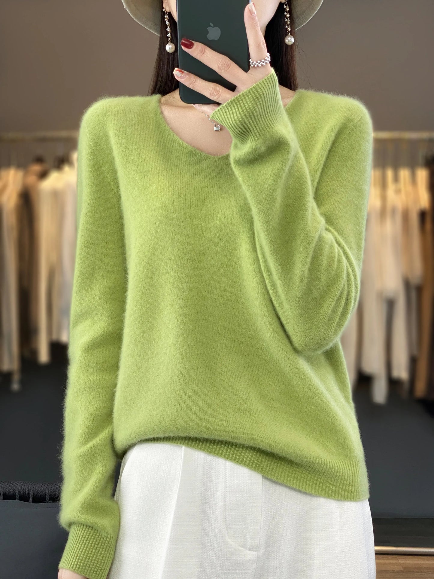 100% Merino Wool Women's Sweater V-Neck Long Sleeve Pullovers Autumn Winter Basic Jumper Cashmere Knitwear Warm Female Clothing