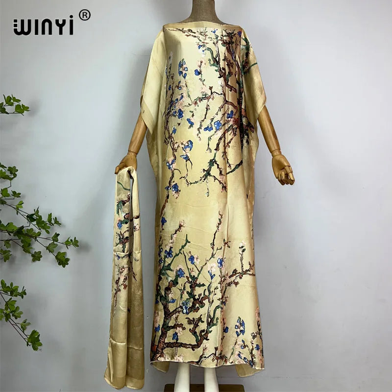 WINYI beach Africa summer kaftan with belt Women boho print Caftan Elegant Holiday summer Maxi silk feeling Bohemian party dress