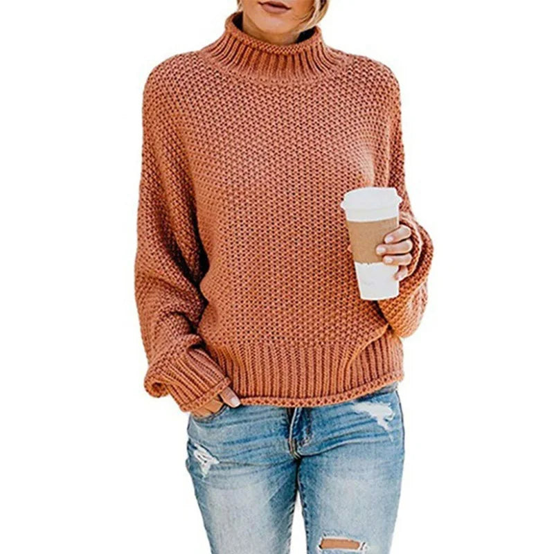 Women's 2024 Turtleneck Batwing Sleeve Loose Oversized Chunky Knitted Pullover Sweater Jumper Tops