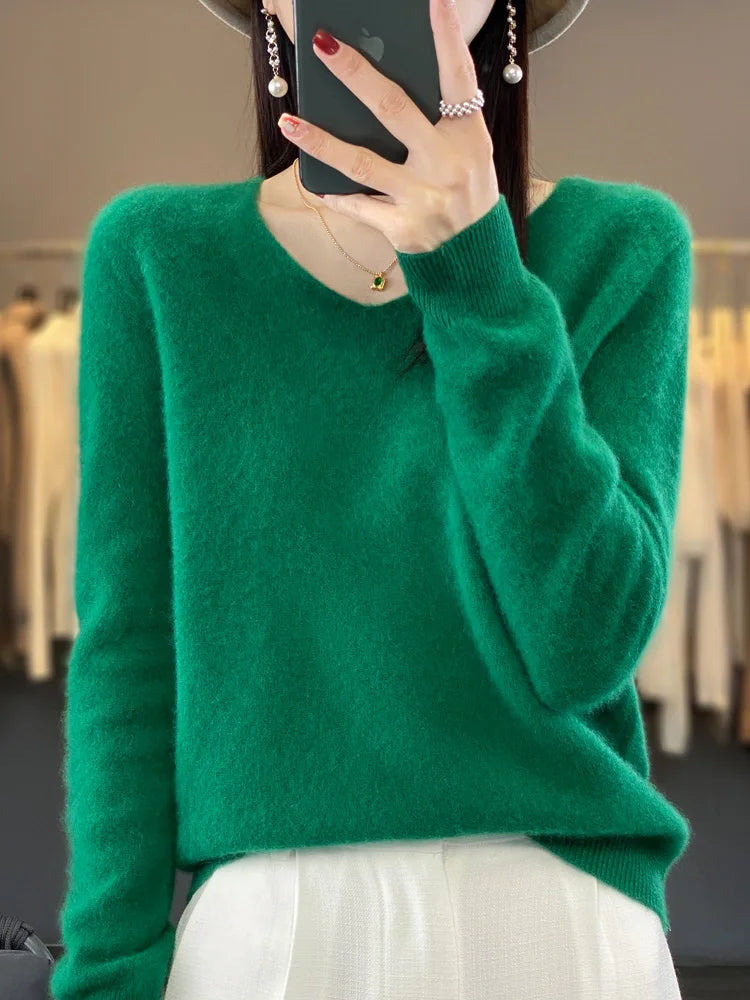 100% Merino Wool Women's Sweater V-Neck Long Sleeve Pullovers Autumn Winter Basic Jumper Cashmere Knitwear Warm Female Clothing