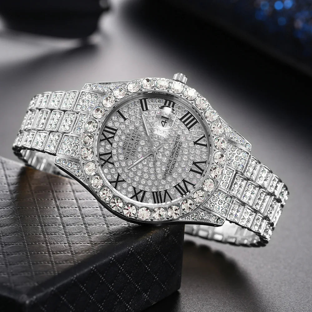 Hip Hop Iced Out Men Watch Full AAA Rhinestone Around Luxury Quartz Watches Round Clock Unisex Wrist Watch Gift For Boyfriend