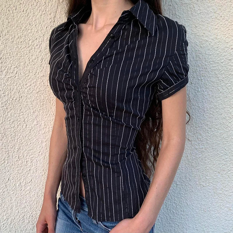 IAMHOTTY Chic Elegant Striped Blouse Women's Summer French Style Button-up Turn-down Collar Shirt Vintage Streetwear Y2K Tops