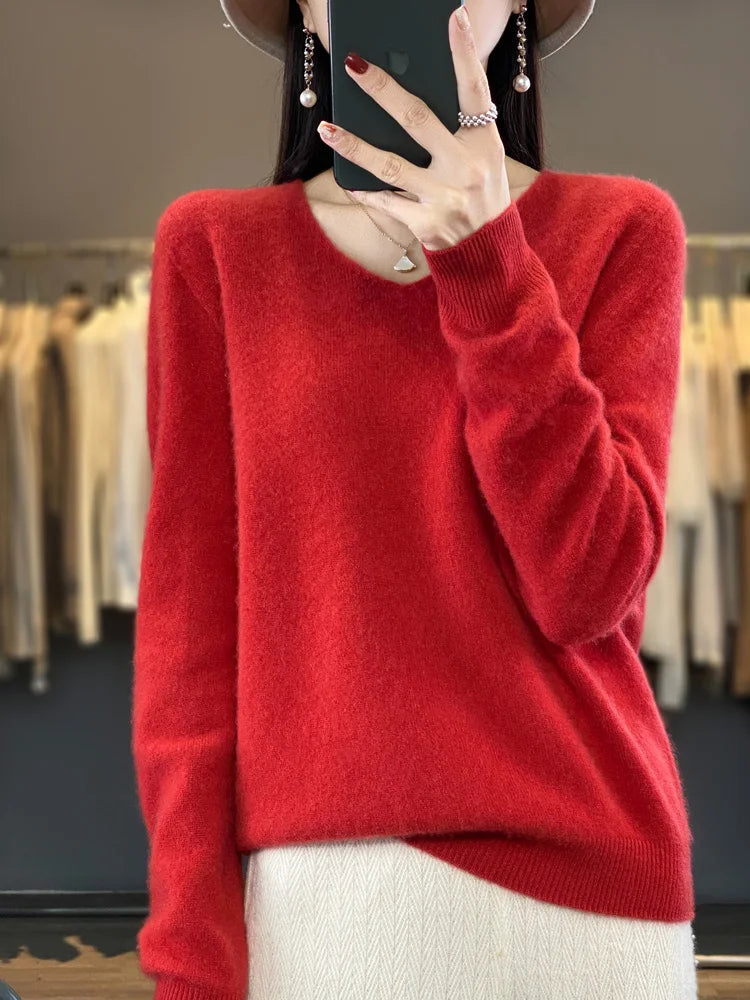 100% Merino Wool Women's Sweater V-Neck Long Sleeve Pullovers Autumn Winter Basic Jumper Cashmere Knitwear Warm Female Clothing