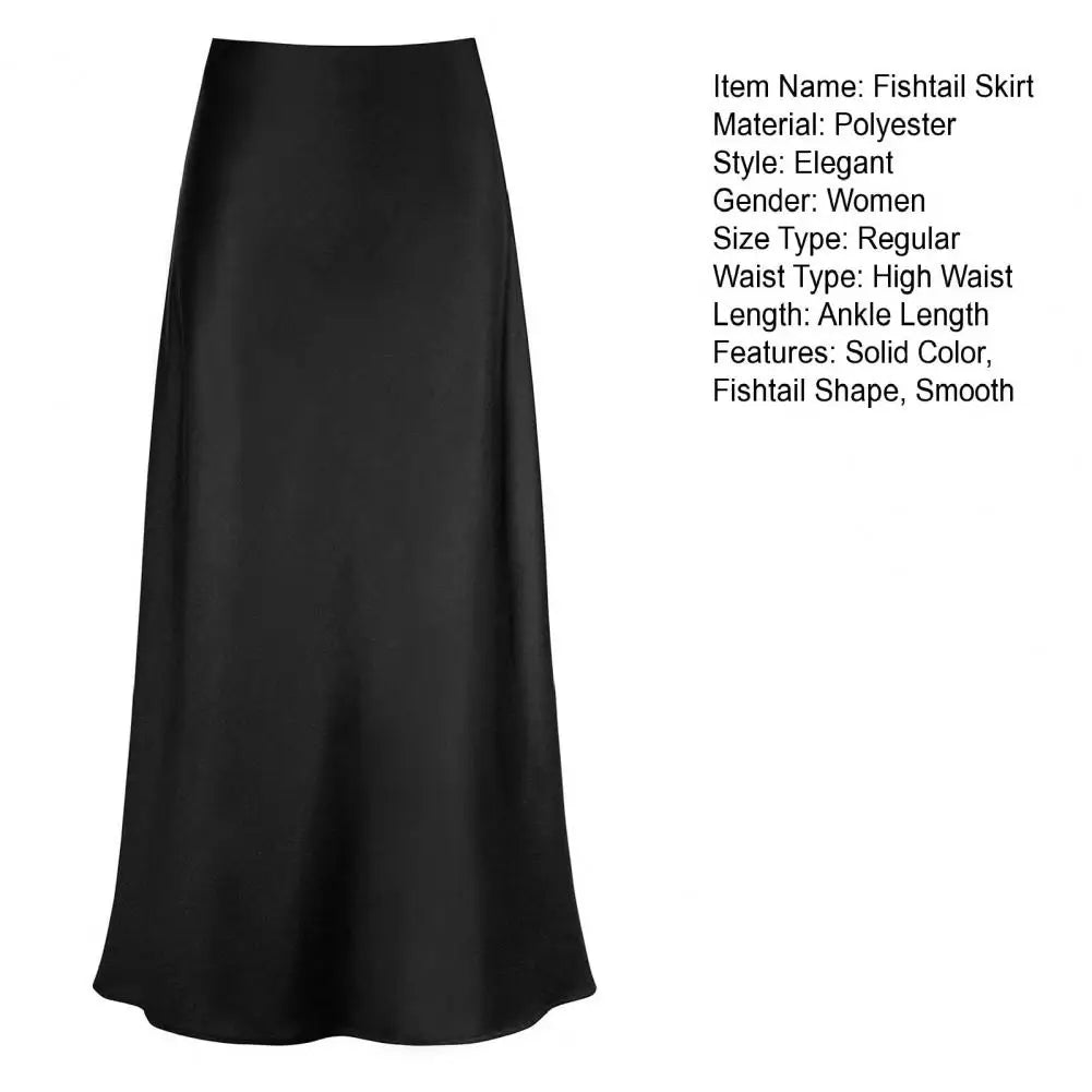 Fishtail Maxi Skirt Elegant Faux Silk Satin Skirts for Women High Waist A-line Office Lady Skirt Solid Color Glossy Finish