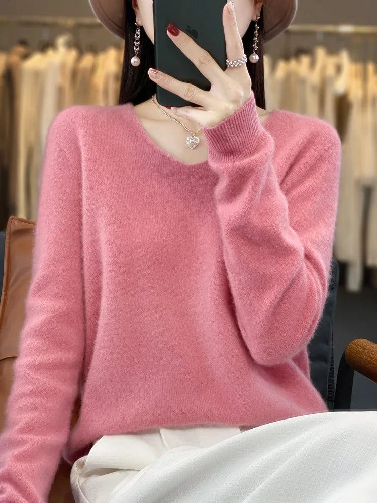 100% Merino Wool Women's Sweater V-Neck Long Sleeve Pullovers Autumn Winter Basic Jumper Cashmere Knitwear Warm Female Clothing