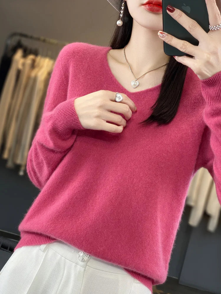 100% Merino Wool Women's Sweater V-Neck Long Sleeve Pullovers Autumn Winter Basic Jumper Cashmere Knitwear Warm Female Clothing