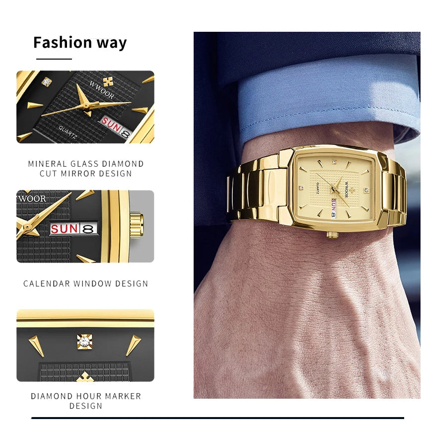 WWOOR 2024 New Square Watch Men with Automatic Week Date Luxury Stainless Steel Gold Mens Quartz Wrist Watches Relogio Masculino