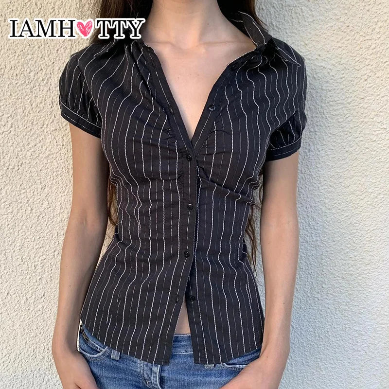 IAMHOTTY Chic Elegant Striped Blouse Women's Summer French Style Button-up Turn-down Collar Shirt Vintage Streetwear Y2K Tops