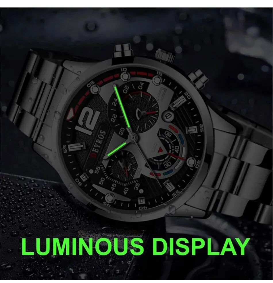 2pcs Luxury Mens Silver Quartz Watch With Stainless Steel Bracelet Men Fashion Business Casual Watch Luminous Clock