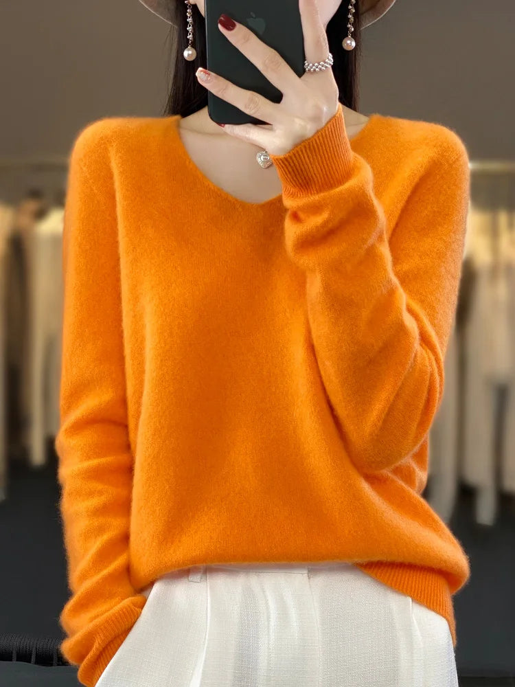 100% Merino Wool Women's Sweater V-Neck Long Sleeve Pullovers Autumn Winter Basic Jumper Cashmere Knitwear Warm Female Clothing