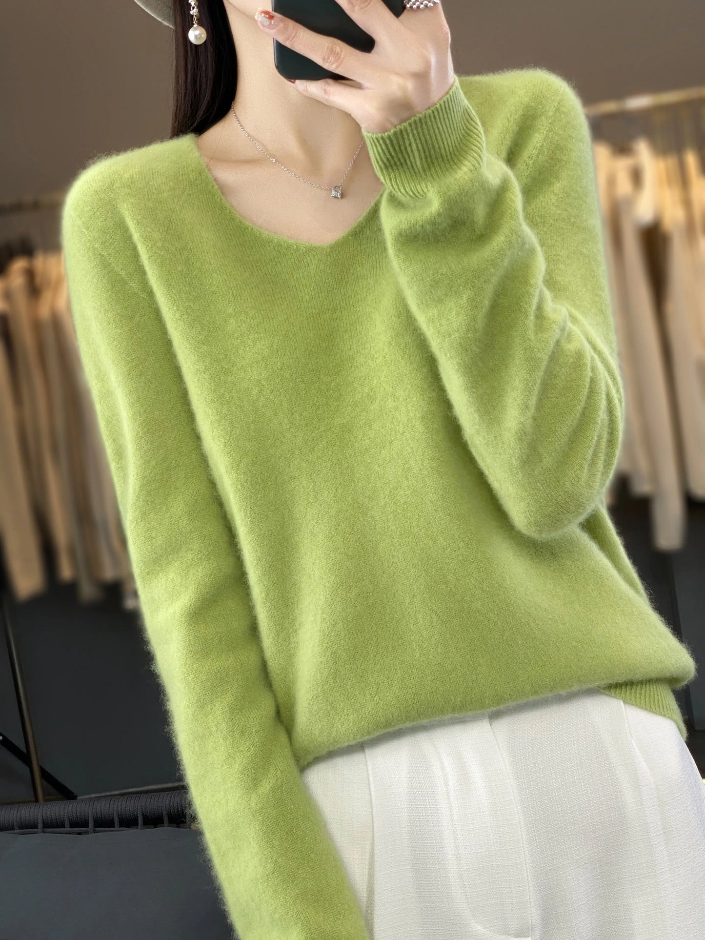 100% Merino Wool Women's Sweater V-Neck Long Sleeve Pullovers Autumn Winter Basic Jumper Cashmere Knitwear Warm Female Clothing