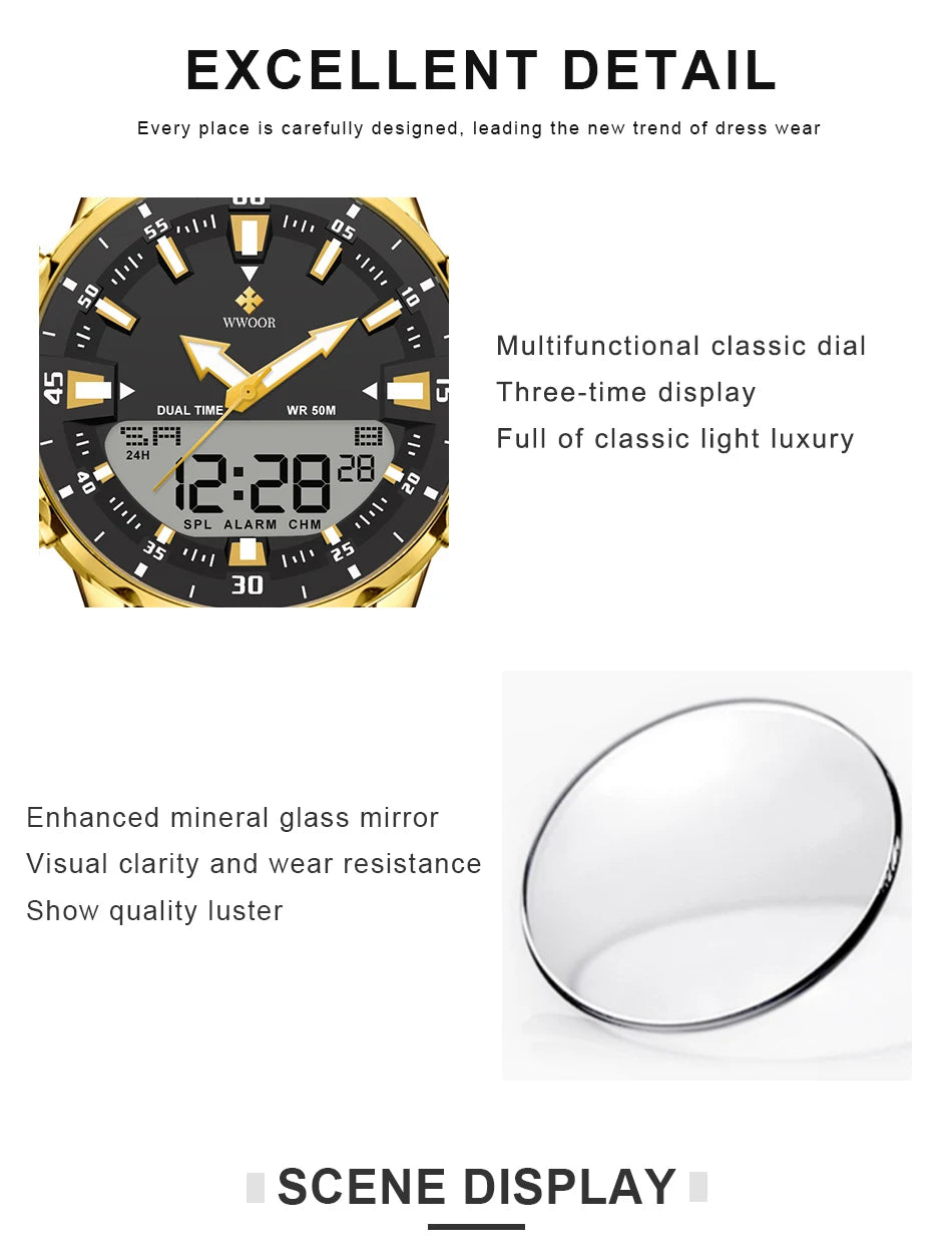 WWOOR Fashion Men's Watches Luxury Original Quartz Digital Analog Sport Military Wrist Watch For Man Waterproof Steel Clock Box