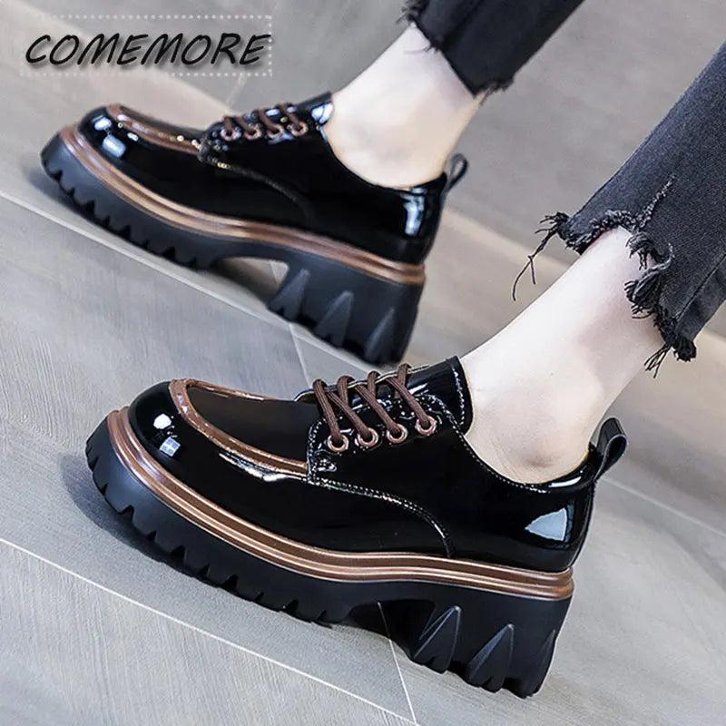 British Style Chunky Platform Pumps Casual Women's 2022 Autumn Lace Up Thick Heels Loafers Woman Round Toe Patent Leather Shoes