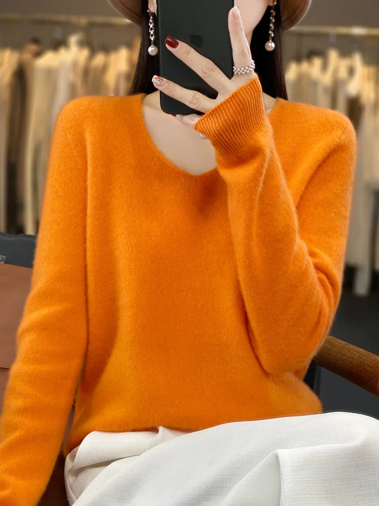 100% Merino Wool Women's Sweater V-Neck Long Sleeve Pullovers Autumn Winter Basic Jumper Cashmere Knitwear Warm Female Clothing