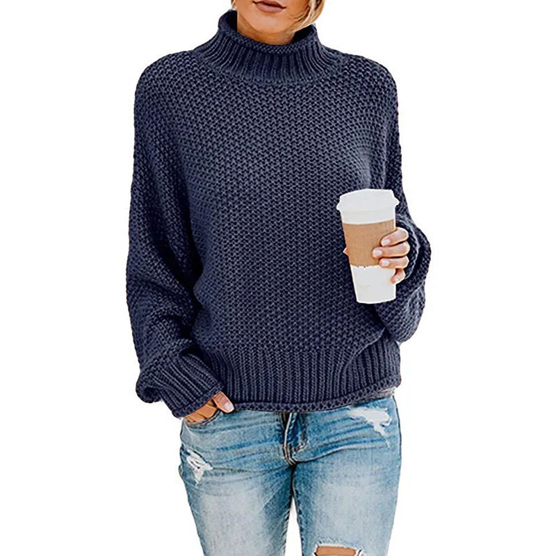 Women's 2024 Turtleneck Batwing Sleeve Loose Oversized Chunky Knitted Pullover Sweater Jumper Tops