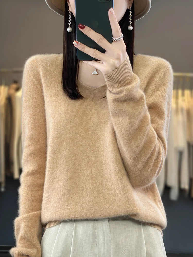 100% Merino Wool Women's Sweater V-Neck Long Sleeve Pullovers Autumn Winter Basic Jumper Cashmere Knitwear Warm Female Clothing