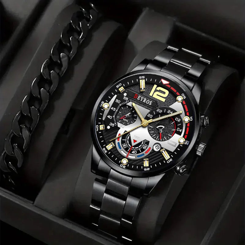 2pcs Luxury Mens Silver Quartz Watch With Stainless Steel Bracelet Men Fashion Business Casual Watch Luminous Clock