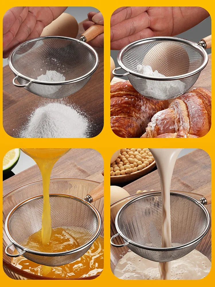 Wooden Handle Stainless Steel Small Colander Fine Mesh Oil Strainer Multi-function Filter Mesh Flour Sifter Kitchen Baking Tools