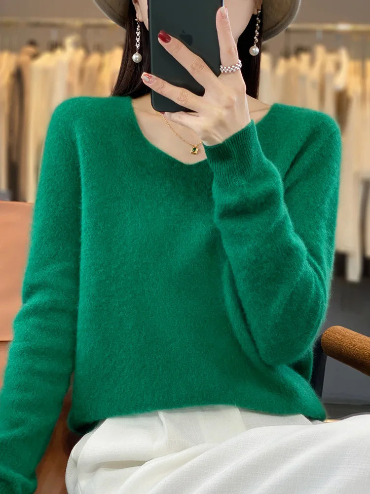 100% Merino Wool Women's Sweater V-Neck Long Sleeve Pullovers Autumn Winter Basic Jumper Cashmere Knitwear Warm Female Clothing