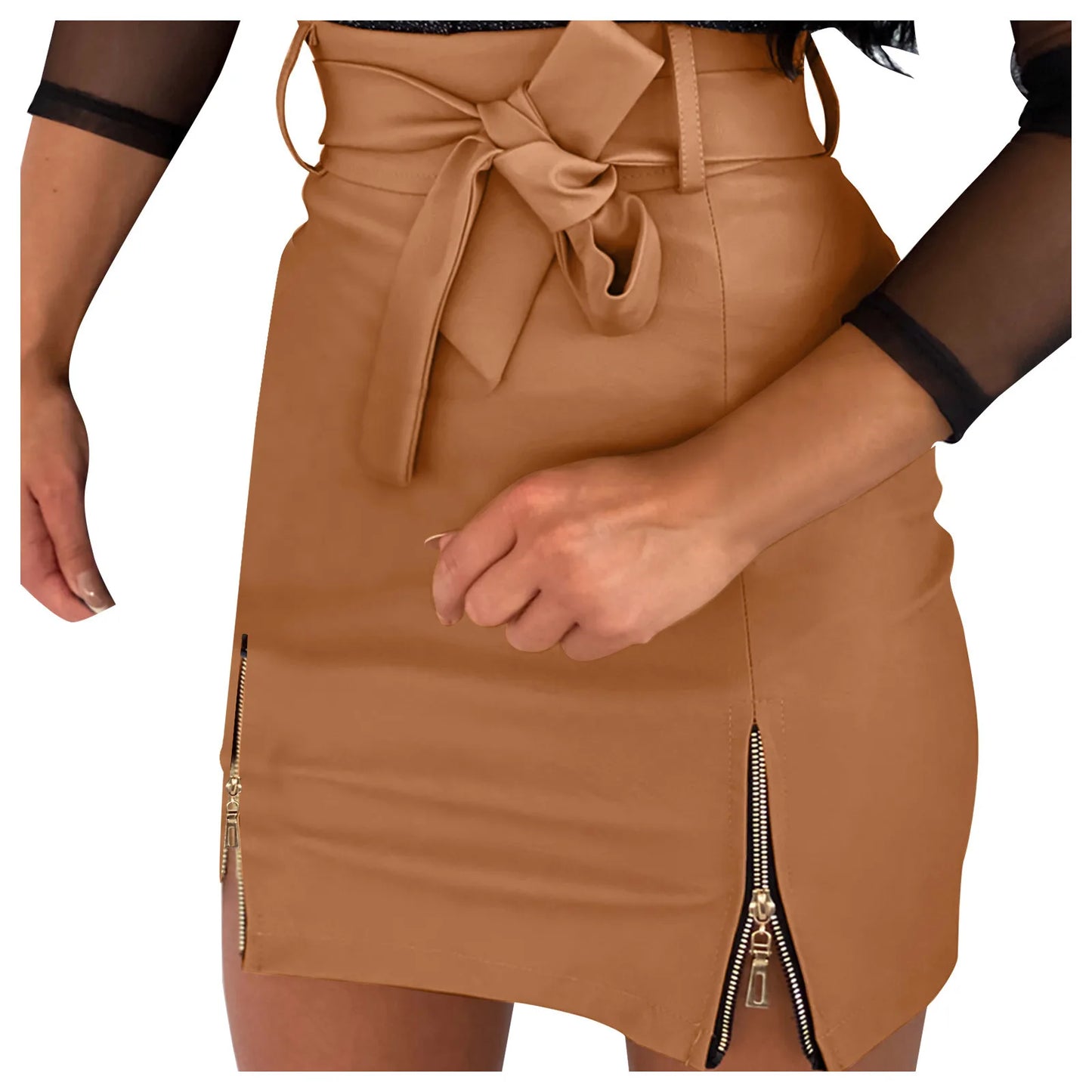 Women's Fashion Waist Bow Tie Pu Leather Skirt Solid Color Casual Short Skirt Sexy Slim Package Hip Hem Zipper Half Body Skirt