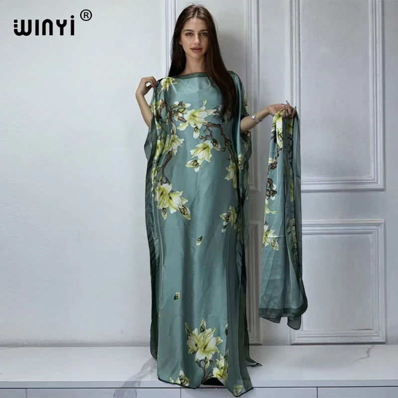 WINYI beach Africa summer kaftan with belt Women boho print Caftan Elegant Holiday summer Maxi silk feeling Bohemian party dress