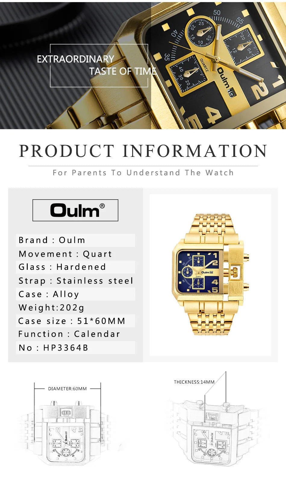 Oulm Top Large Dial Men Watch Square Gold Quartz Wrist Watch for Man Sports Multi-Time Zone Military Male Waterproof 2023