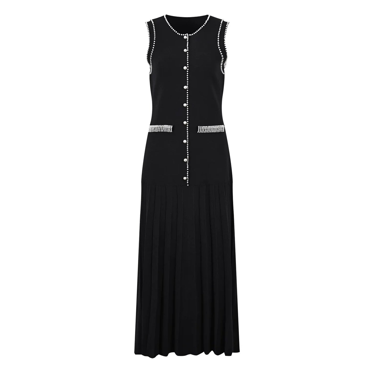 2024 New High Quality French Summer Pearl Decoration Knitted Long Dress Elegant Women O Neck Sleeveless Tank Black Pleated Robe