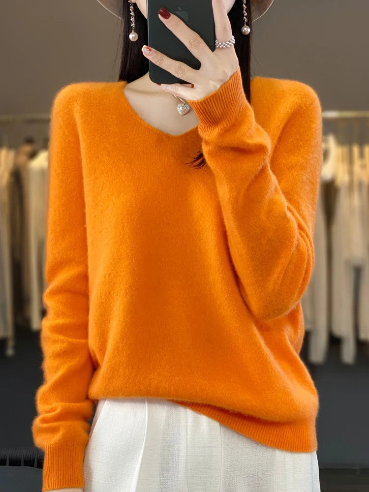 100% Merino Wool Women's Sweater V-Neck Long Sleeve Pullovers Autumn Winter Basic Jumper Cashmere Knitwear Warm Female Clothing