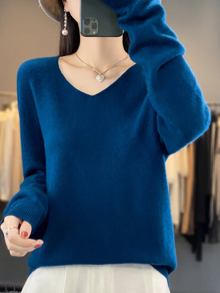 100% Merino Wool Women's Sweater V-Neck Long Sleeve Pullovers Autumn Winter Basic Jumper Cashmere Knitwear Warm Female Clothing