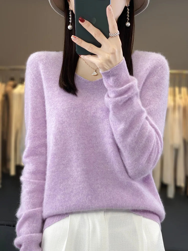 100% Merino Wool Women's Sweater V-Neck Long Sleeve Pullovers Autumn Winter Basic Jumper Cashmere Knitwear Warm Female Clothing