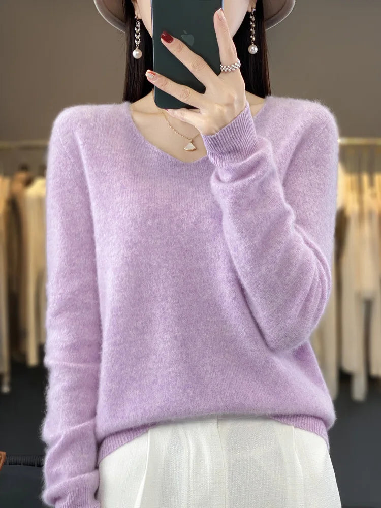 100% Merino Wool Women's Sweater V-Neck Long Sleeve Pullovers Autumn Winter Basic Jumper Cashmere Knitwear Warm Female Clothing