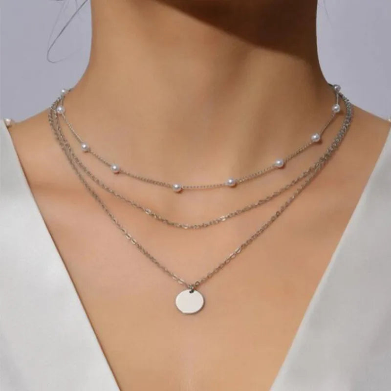 Minimalist Round Stick Pendant Necklace for Women Pearl Clavicle Necklace Leaves Long Chain Fashion Jewelry Statement Girl Gift