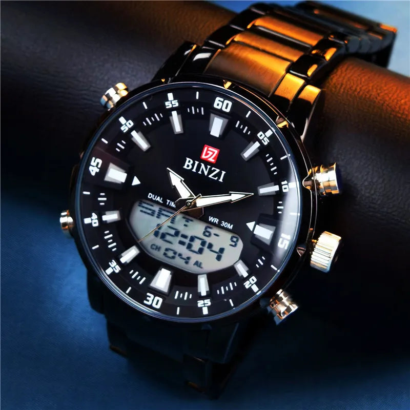 Top Brand Luxury Men Wrist Watch Waterproof Sports Digital Watches Men LED Steel Military Quartz Watch Gold color Big Dial Clock