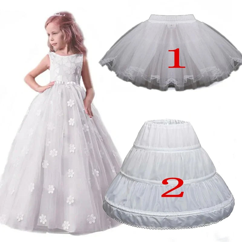 White Children kids Petticoat A-Line 3 Hoops One Layer Flower Girls Crinoline Lace Trim Flower Girl Dress Underskirt