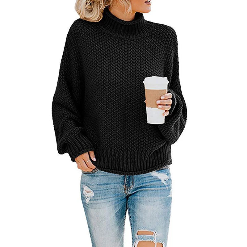 Women's 2024 Turtleneck Batwing Sleeve Loose Oversized Chunky Knitted Pullover Sweater Jumper Tops