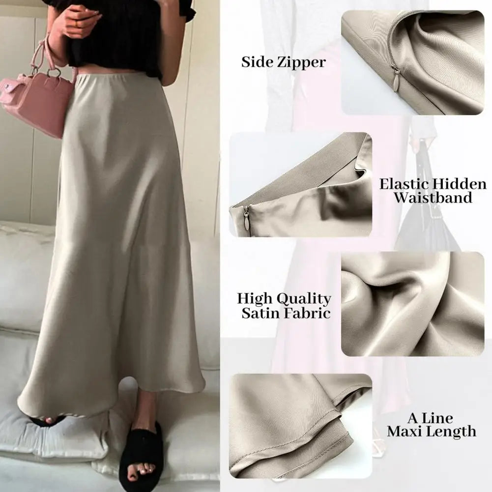 Fishtail Maxi Skirt Elegant Faux Silk Satin Skirts for Women High Waist A-line Office Lady Skirt Solid Color Glossy Finish