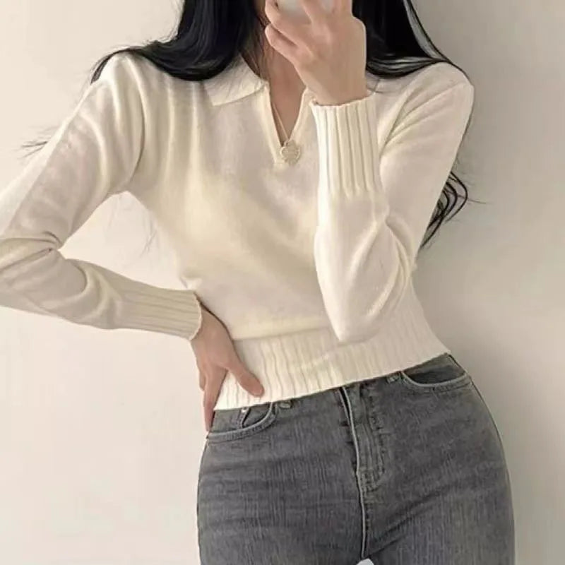 Xpqbb Korean Chic Turndown Collar Sweaters Female Gray Slim Fit Long Sleeve Cropped Sweater for Woman Streetwear Knit Pullovers