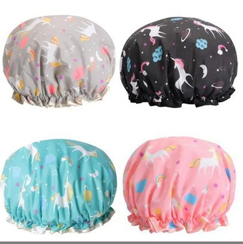 Ctallthy Unicorn Pony Lovely Thick Women Shower Caps Colorful Double Layer Bath Shower Hair Cover Adults Waterproof kitchen hats