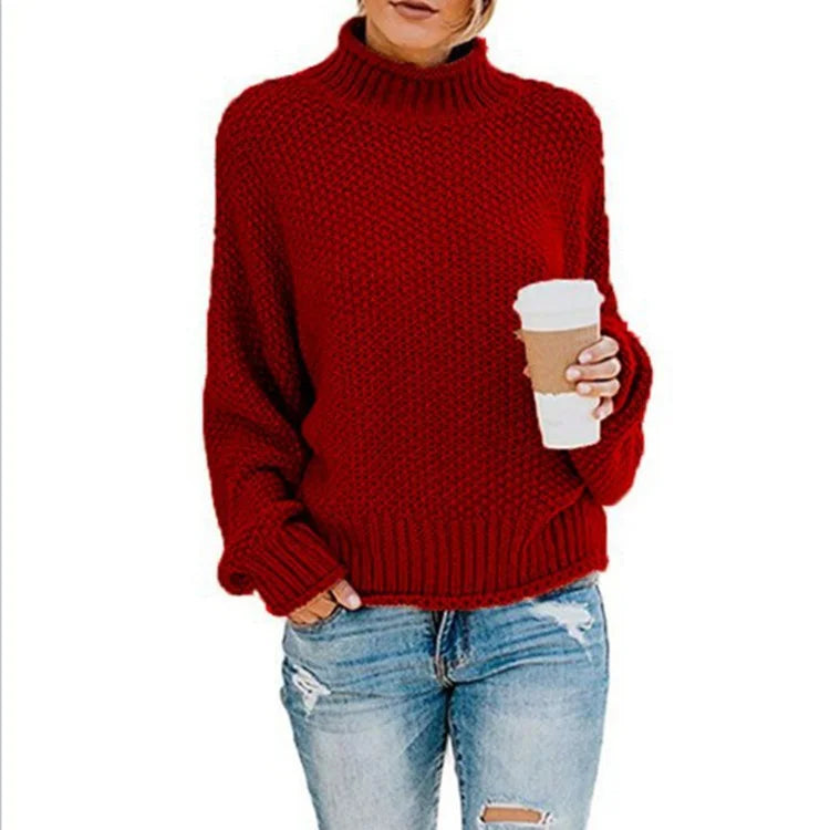 Women's 2024 Turtleneck Batwing Sleeve Loose Oversized Chunky Knitted Pullover Sweater Jumper Tops